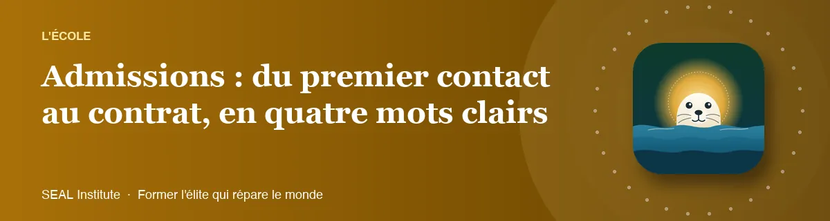 Illustration de la page « Admissions : du premier contact au contrat, en quatre mots clairs » : le phoque sentinelle de SEAL Institute au soleil levant