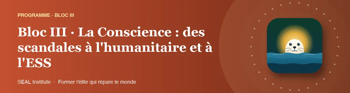 Illustration de la page « Bloc III · La Conscience : des scandales à l'humanitaire et à l'ESS » : le phoque sentinelle de SEAL Institute au soleil levant
