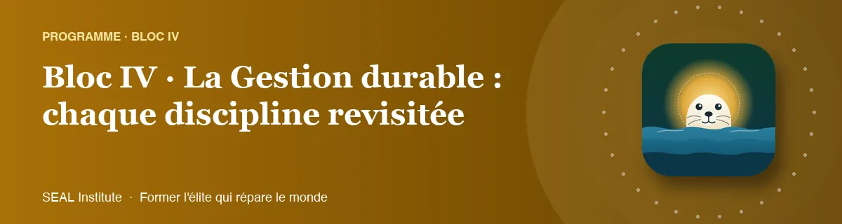 Illustration de la page « Bloc IV · La Gestion durable : chaque discipline revisitée » : le phoque sentinelle de SEAL Institute au soleil levant