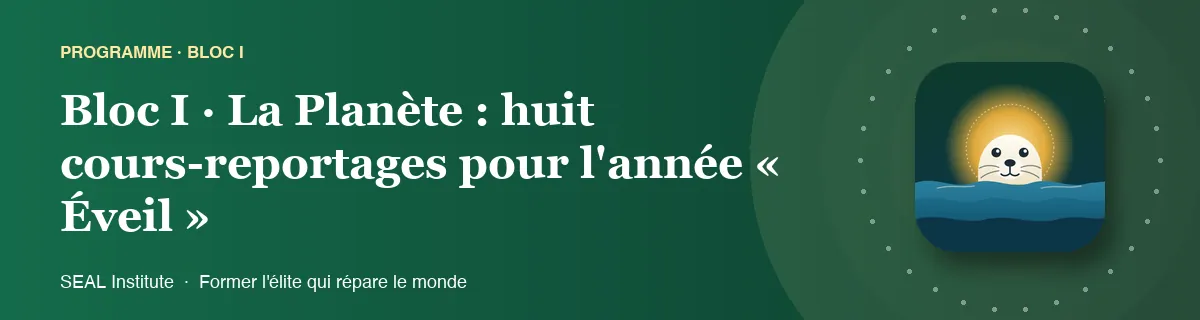 Illustration de la page « Bloc I · La Planète : huit cours-reportages pour l'année « Éveil » » : le phoque sentinelle de SEAL Institute au soleil levant