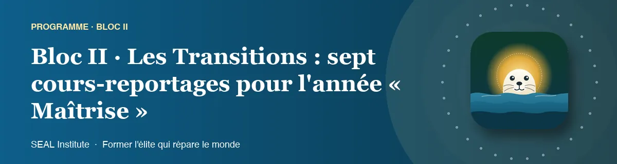 Illustration de la page « Bloc II · Les Transitions : sept cours-reportages pour l'année « Maîtrise » » : le phoque sentinelle de SEAL Institute au soleil levant