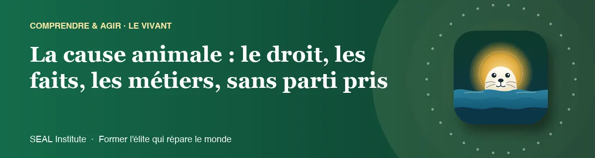 Illustration de la page « La cause animale : le droit, les faits, les métiers, sans parti pris » : le phoque sentinelle de SEAL Institute au soleil levant