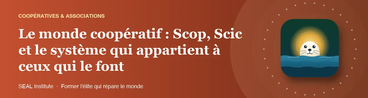Illustration de la page « Le monde coopératif : Scop, Scic et le système qui appartient à ceux qui le font » : le phoque sentinelle de SEAL Institute au soleil levant
