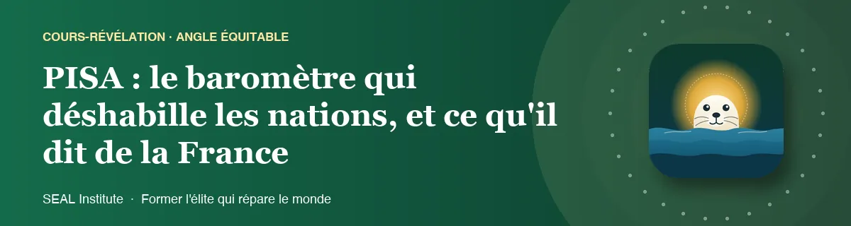 Illustration de la page « PISA : le baromètre qui déshabille les nations, et ce qu'il dit de la France » : le phoque sentinelle de SEAL Institute au soleil levant