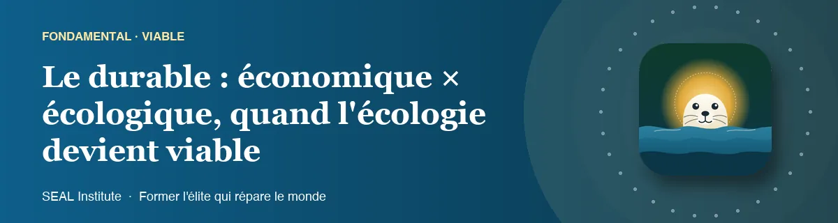Illustration de la page « Le durable : économique × écologique, quand l'écologie devient viable » : le phoque sentinelle de SEAL Institute au soleil levant