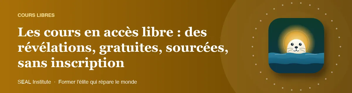 Illustration de la page « Les cours en accès libre : des révélations, gratuites, sourcées, sans inscription » : le phoque sentinelle de SEAL Institute au soleil levant