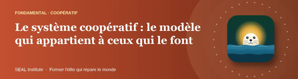 Illustration de la page « Le système coopératif : le modèle qui appartient à ceux qui le font » : le phoque sentinelle de SEAL Institute au soleil levant