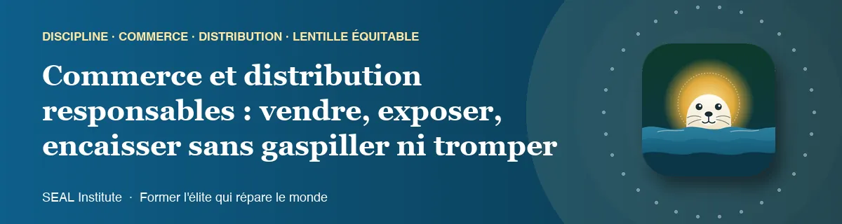 Illustration de la page « Commerce et distribution responsables : vendre, exposer, encaisser sans gaspiller ni tromper » : le phoque sentinelle de SEAL Institute au soleil levant