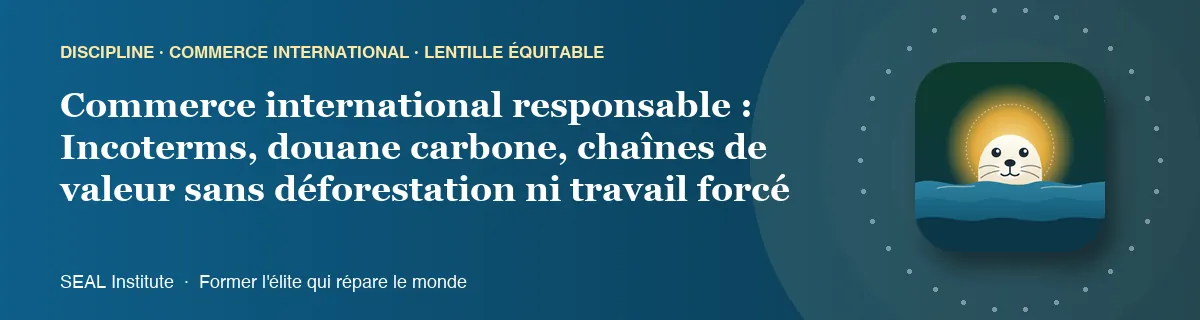Illustration de la page « Commerce international responsable : Incoterms, douane carbone, chaînes de valeur sans déforestation ni travail forcé » : le phoque sentinelle de SEAL Institute au soleil levant