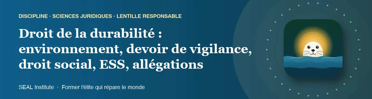 Illustration de la page « Droit de la durabilité : environnement, devoir de vigilance, droit social, ESS, allégations » : le phoque sentinelle de SEAL Institute au soleil levant