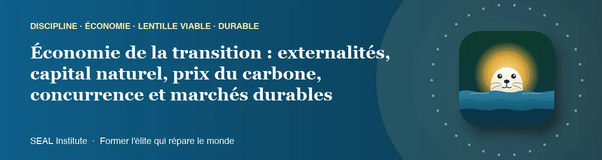 Illustration de la page « Économie de la transition : externalités, capital naturel, prix du carbone, concurrence et marchés durables » : le phoque sentinelle de SEAL Institute au soleil levant