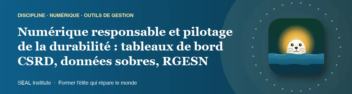 Illustration de la page « Numérique responsable et pilotage de la durabilité : tableaux de bord CSRD, données sobres, RGESN » : le phoque sentinelle de SEAL Institute au soleil levant