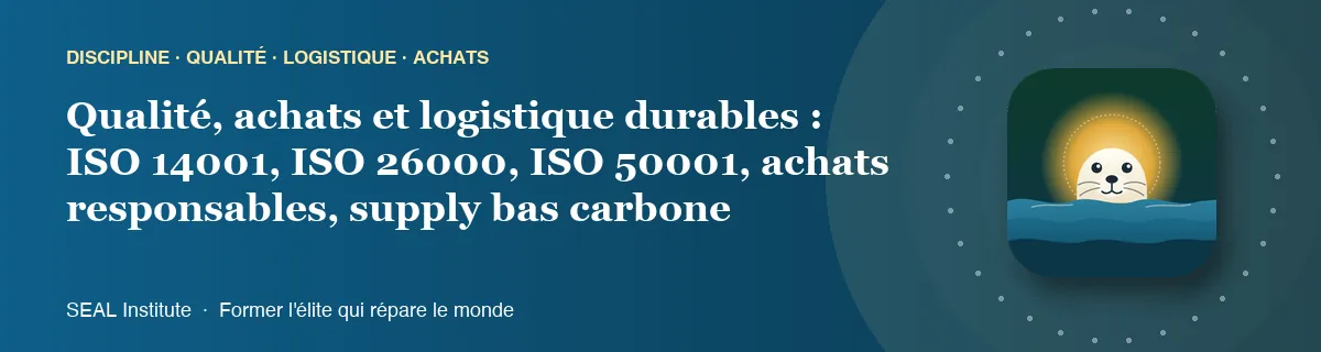 Illustration de la page « Qualité, achats et logistique durables : ISO 14001, ISO 26000, ISO 50001, achats responsables, supply bas carbone » : le phoque sentinelle de SEAL Institute au soleil levant