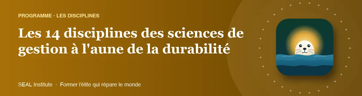 Illustration de la page « Les 14 disciplines des sciences de gestion à l'aune de la durabilité » : le phoque sentinelle de SEAL Institute au soleil levant