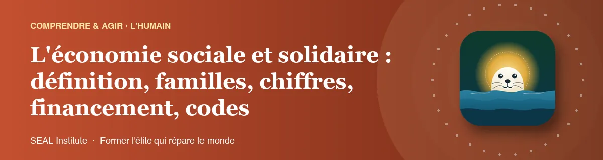 Illustration de la page « L'économie sociale et solidaire : définition, familles, chiffres, financement, codes » : le phoque sentinelle de SEAL Institute au soleil levant