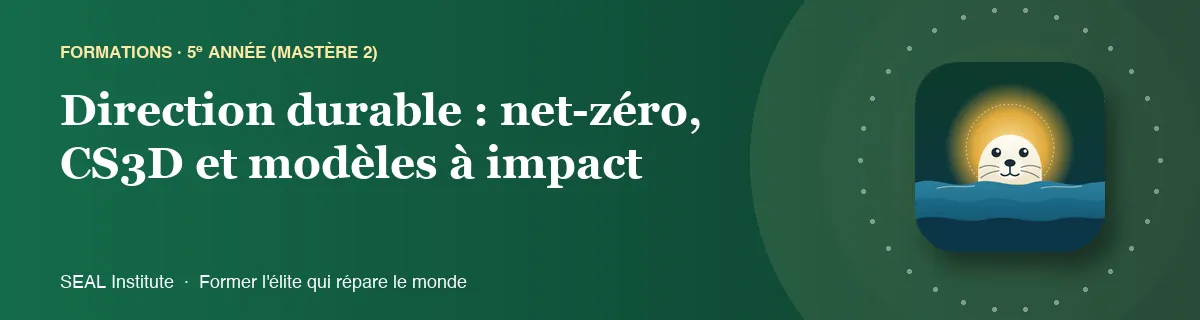 Illustration de la page « Direction durable : net-zéro, CS3D et modèles à impact » : le phoque sentinelle de SEAL Institute au soleil levant