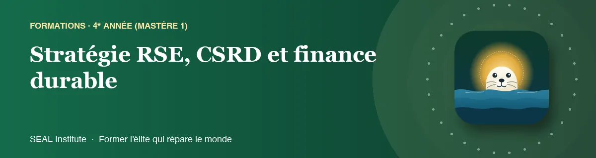 Illustration de la page « Stratégie RSE, CSRD et finance durable » : le phoque sentinelle de SEAL Institute au soleil levant