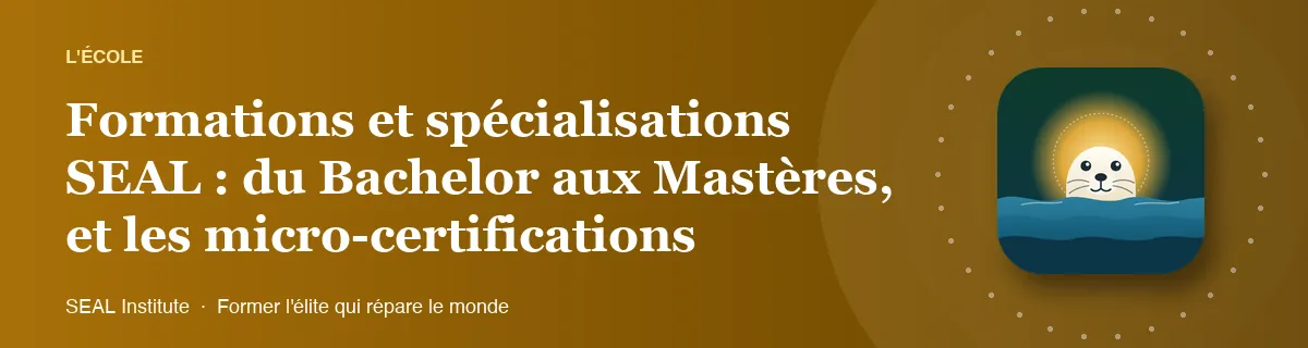 Illustration de la page « Formations et spécialisations SEAL : du Bachelor aux Mastères, et les micro-certifications » : le phoque sentinelle de SEAL Institute au soleil levant