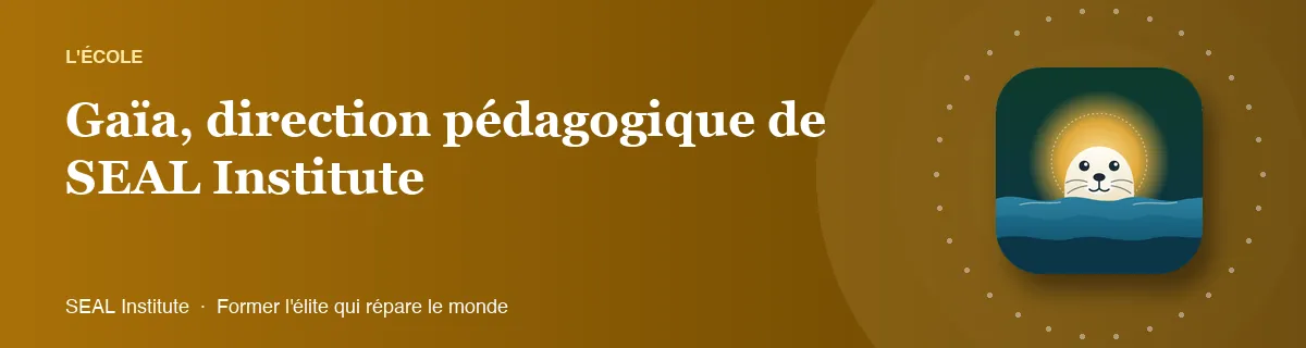 Illustration de la page « Gaïa, direction pédagogique de SEAL Institute » : le phoque sentinelle de SEAL Institute au soleil levant