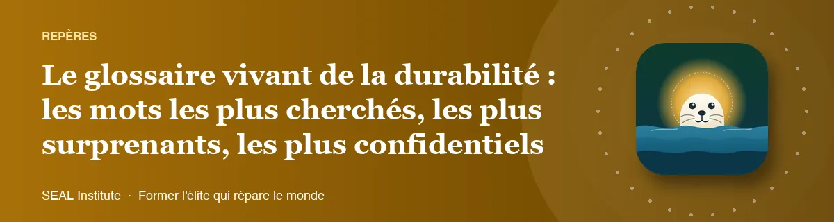 Illustration de la page « Le glossaire vivant de la durabilité : les mots les plus cherchés, les plus surprenants, les plus confidentiels » : le phoque sentinelle de SEAL Institute au soleil levant