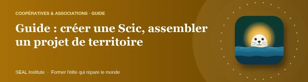 Illustration de la page « Guide : créer une Scic, assembler un projet de territoire » : le phoque sentinelle de SEAL Institute au soleil levant
