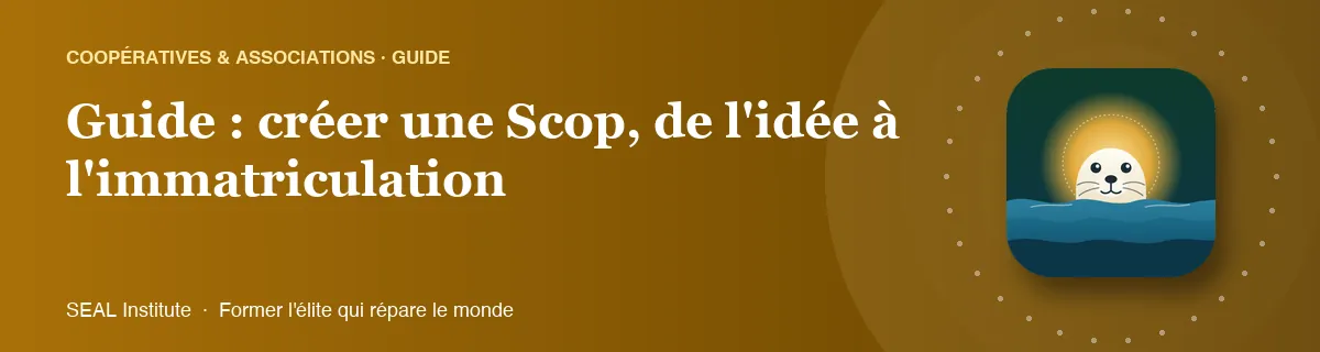 Illustration de la page « Guide : créer une Scop, de l'idée à l'immatriculation » : le phoque sentinelle de SEAL Institute au soleil levant