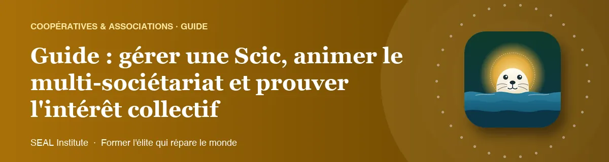 Illustration de la page « Guide : gérer une Scic, animer le multi-sociétariat et prouver l'intérêt collectif » : le phoque sentinelle de SEAL Institute au soleil levant