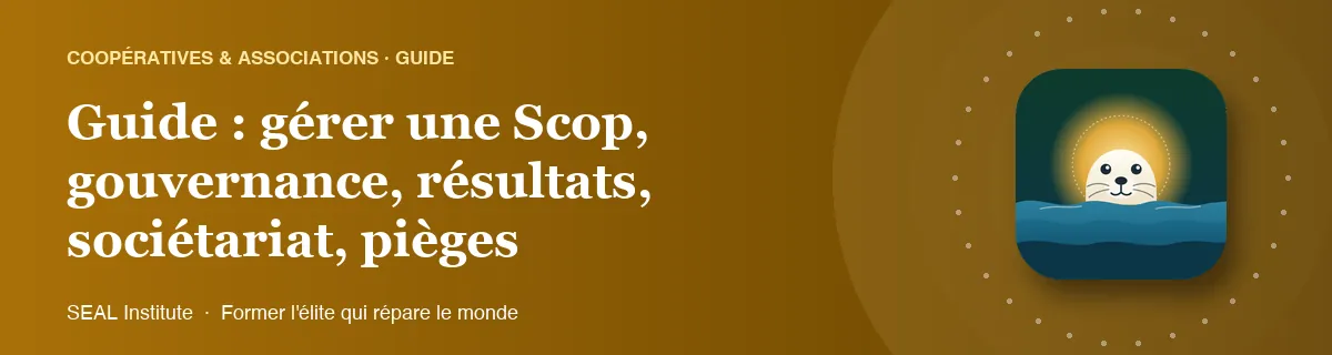 Illustration de la page « Guide : gérer une Scop, gouvernance, résultats, sociétariat, pièges » : le phoque sentinelle de SEAL Institute au soleil levant