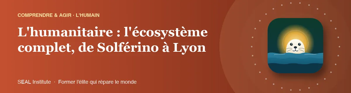 Illustration de la page « L'humanitaire : l'écosystème complet, de Solférino à Lyon » : le phoque sentinelle de SEAL Institute au soleil levant