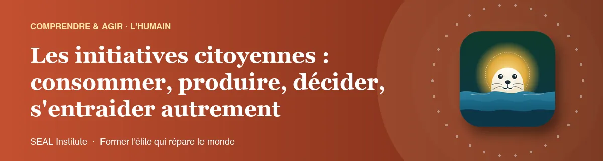 Illustration de la page « Les initiatives citoyennes : consommer, produire, décider, s'entraider autrement » : le phoque sentinelle de SEAL Institute au soleil levant