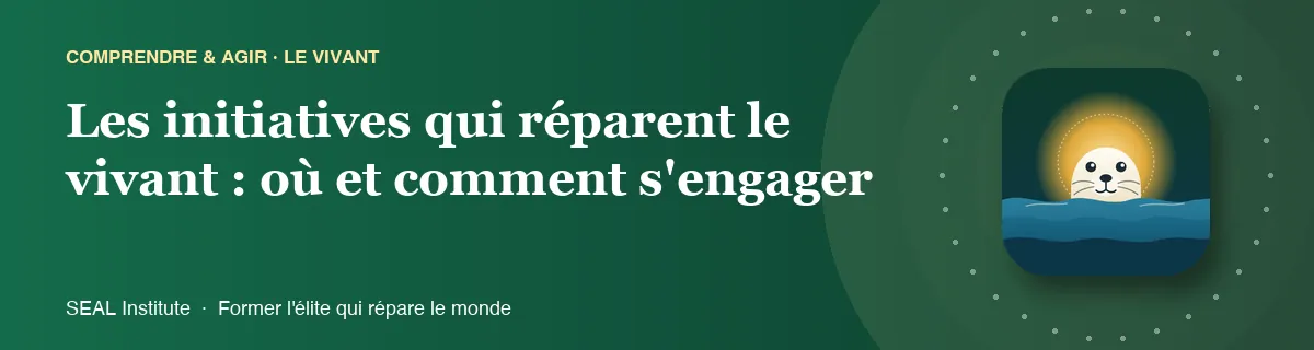 Illustration de la page « Les initiatives qui réparent le vivant : où et comment s'engager » : le phoque sentinelle de SEAL Institute au soleil levant