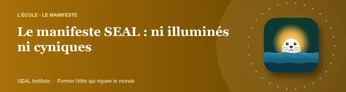 Illustration de la page « Le manifeste SEAL : ni illuminés ni cyniques » : le phoque sentinelle de SEAL Institute au soleil levant