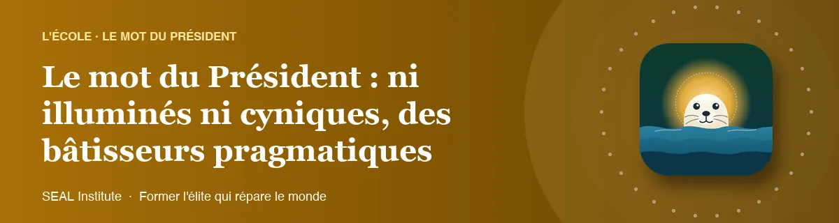 Illustration de la page « Le mot du Président : ni illuminés ni cyniques, des bâtisseurs pragmatiques » : le phoque sentinelle de SEAL Institute au soleil levant