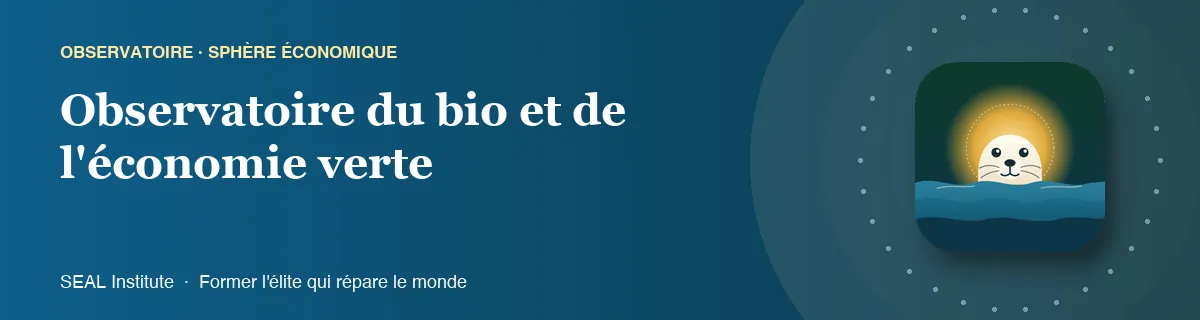 Illustration de la page « Observatoire du bio et de l'économie verte » : le phoque sentinelle de SEAL Institute au soleil levant