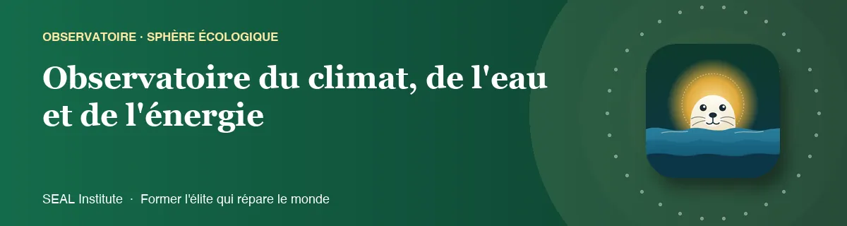 Illustration de la page « Observatoire du climat, de l'eau et de l'énergie » : le phoque sentinelle de SEAL Institute au soleil levant