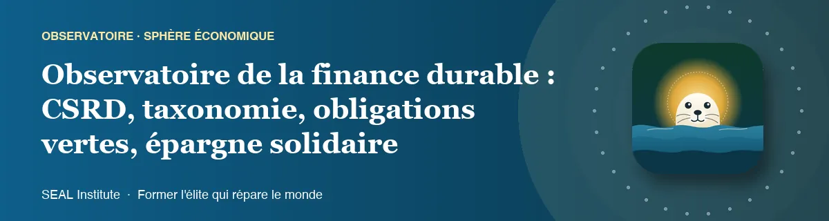 Illustration de la page « Observatoire de la finance durable : CSRD, taxonomie, obligations vertes, épargne solidaire » : le phoque sentinelle de SEAL Institute au soleil levant