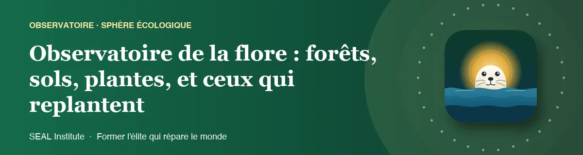 Illustration de la page « Observatoire de la flore : forêts, sols, plantes, et ceux qui replantent » : le phoque sentinelle de SEAL Institute au soleil levant