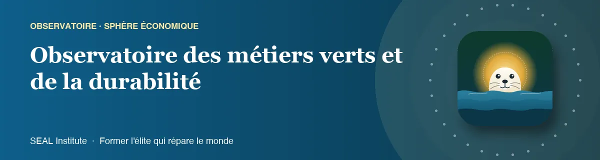 Illustration de la page « Observatoire des métiers verts et de la durabilité » : le phoque sentinelle de SEAL Institute au soleil levant