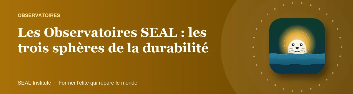 Illustration de la page « Les Observatoires SEAL : les trois sphères de la durabilité » : le phoque sentinelle de SEAL Institute au soleil levant