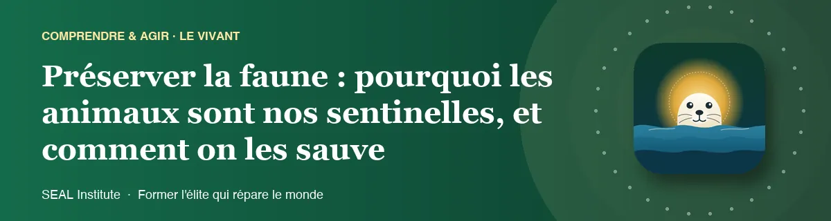 Illustration de la page « Préserver la faune : pourquoi les animaux sont nos sentinelles, et comment on les sauve » : le phoque sentinelle de SEAL Institute au soleil levant