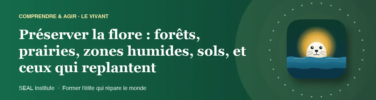 Illustration de la page « Préserver la flore : forêts, prairies, zones humides, sols, et ceux qui replantent » : le phoque sentinelle de SEAL Institute au soleil levant