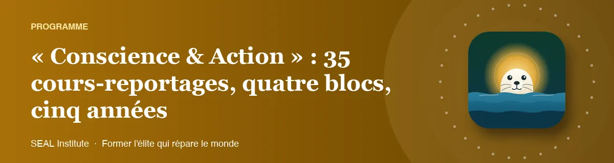 Illustration de la page « « Conscience & Action » : 35 cours-reportages, quatre blocs, cinq années » : le phoque sentinelle de SEAL Institute au soleil levant