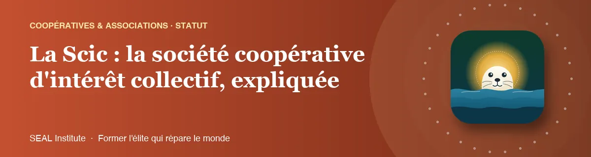 Illustration de la page « La Scic : la société coopérative d'intérêt collectif, expliquée » : le phoque sentinelle de SEAL Institute au soleil levant