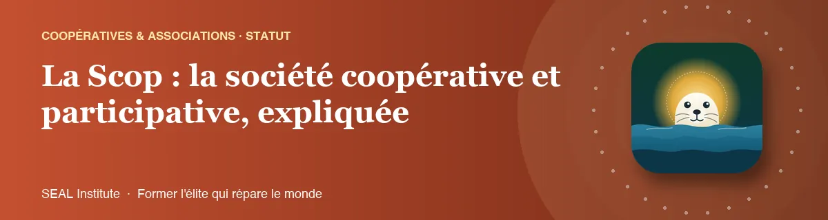 Illustration de la page « La Scop : la société coopérative et participative, expliquée » : le phoque sentinelle de SEAL Institute au soleil levant