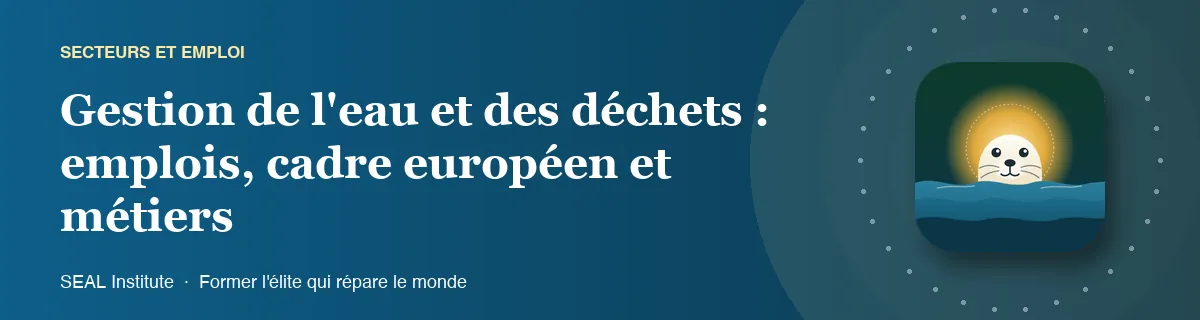 Illustration de la page « Gestion de l'eau et des déchets : emplois, cadre européen et métiers » : le phoque sentinelle de SEAL Institute au soleil levant