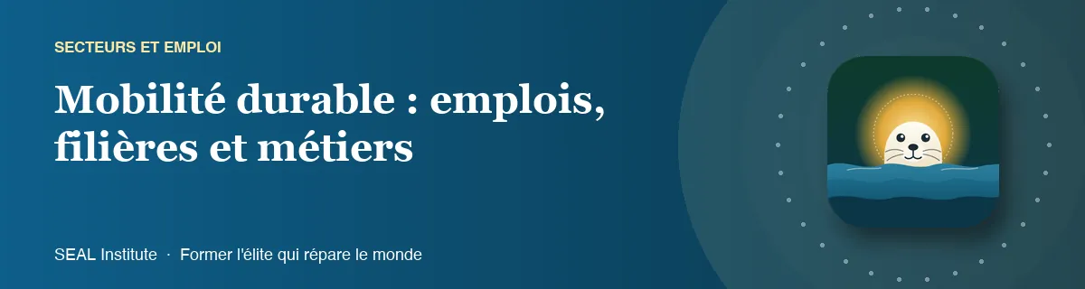 Illustration de la page « Mobilité durable : emplois, filières et métiers » : le phoque sentinelle de SEAL Institute au soleil levant