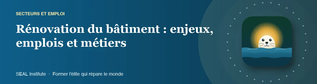 Illustration de la page « Rénovation du bâtiment : enjeux, emplois et métiers » : le phoque sentinelle de SEAL Institute au soleil levant