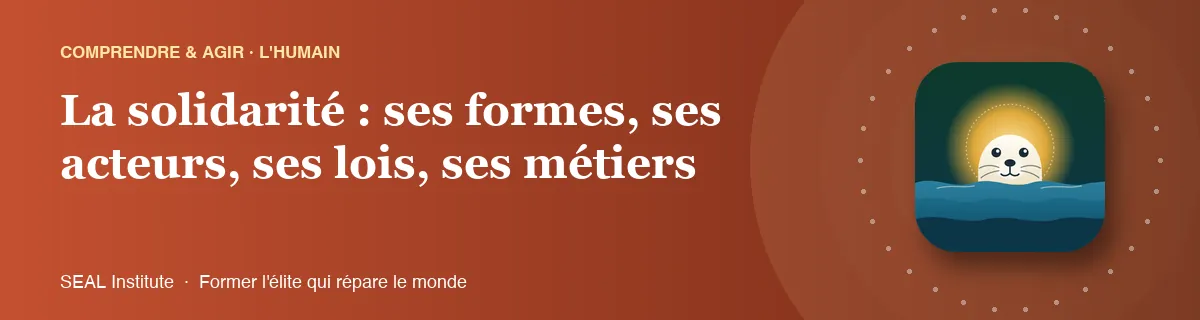 Illustration de la page « La solidarité : ses formes, ses acteurs, ses lois, ses métiers » : le phoque sentinelle de SEAL Institute au soleil levant
