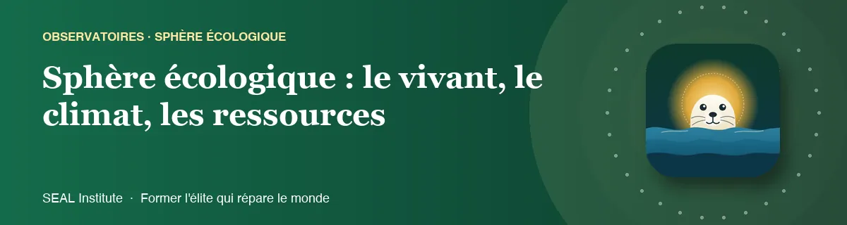 Illustration de la page « Sphère écologique : le vivant, le climat, les ressources » : le phoque sentinelle de SEAL Institute au soleil levant