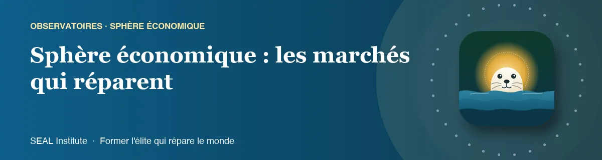 Illustration de la page « Sphère économique : les marchés qui réparent » : le phoque sentinelle de SEAL Institute au soleil levant